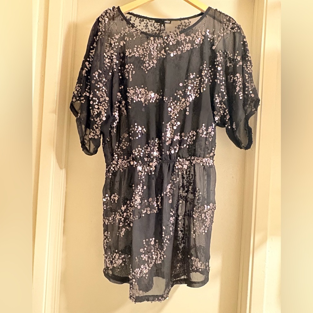 Aqua Black Sheer Top with Silver Sequins